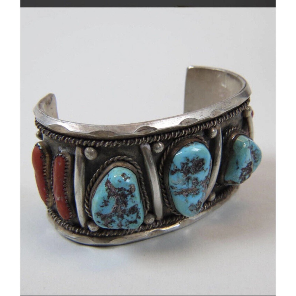 William B. Holmes Navajo Turquoise And Coral Cuff Bracelet